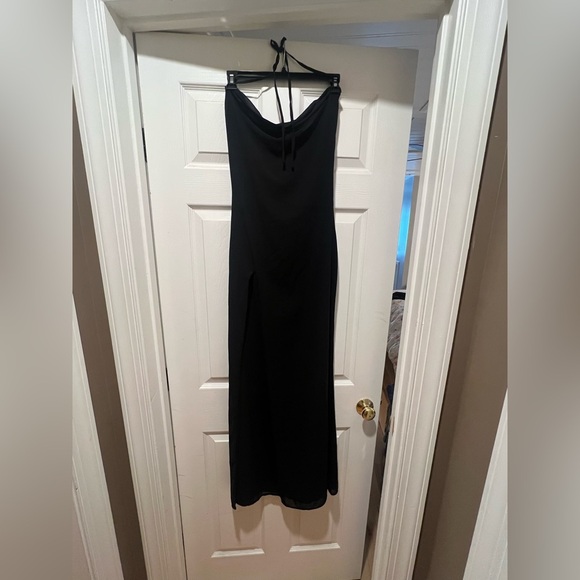 Superdown Revolve NWT nicola sheer maxi dress black halter tie high slit XS hoco - Picture 4 of 10